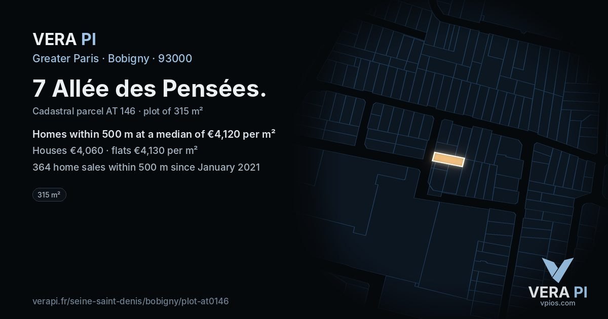 7 Allée des Pensées, Bobigny at night – the plot lit, the parcels around coloured by the prices near them
