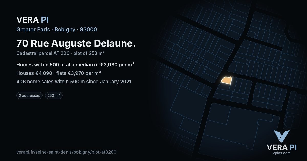 70 Rue Auguste Delaune, Bobigny at night – the plot lit, the parcels around coloured by the prices near them