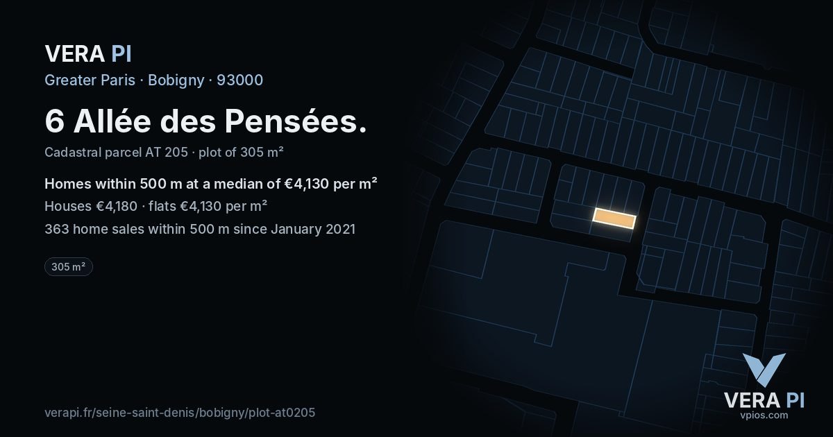 6 Allée des Pensées, Bobigny at night – the plot lit, the parcels around coloured by the prices near them