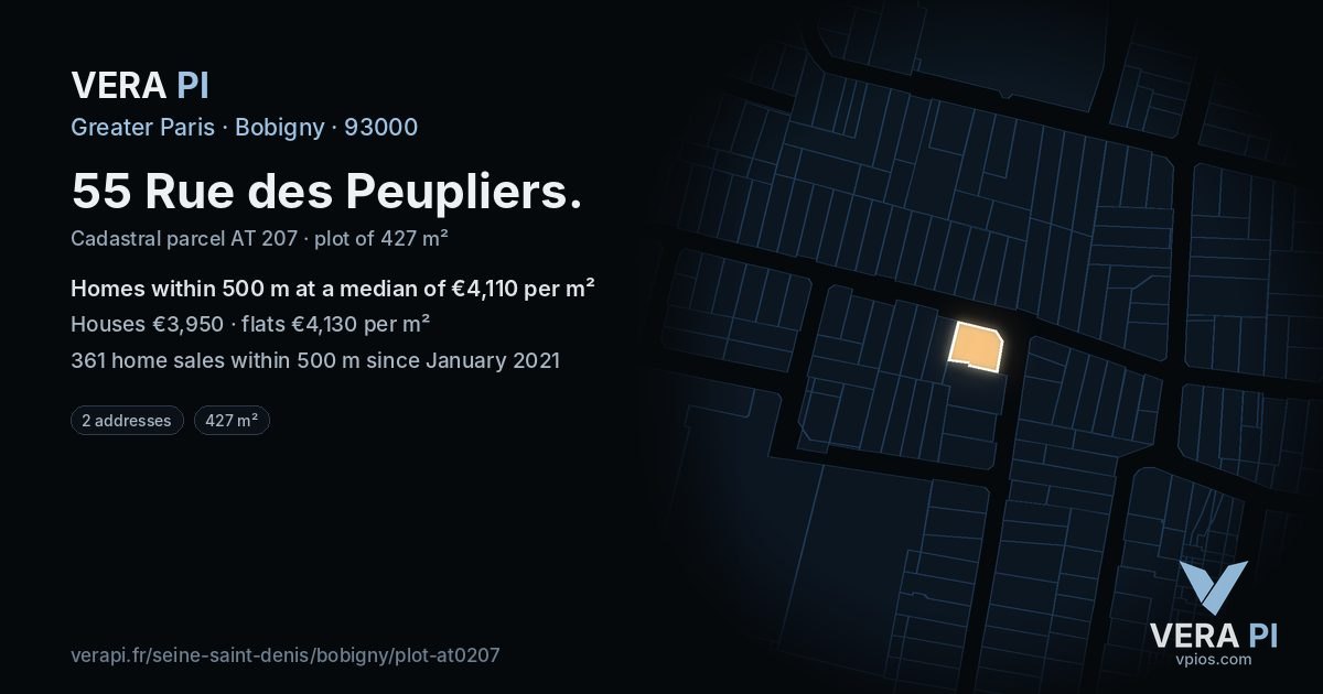 55 Rue des Peupliers, Bobigny at night – the plot lit, the parcels around coloured by the prices near them