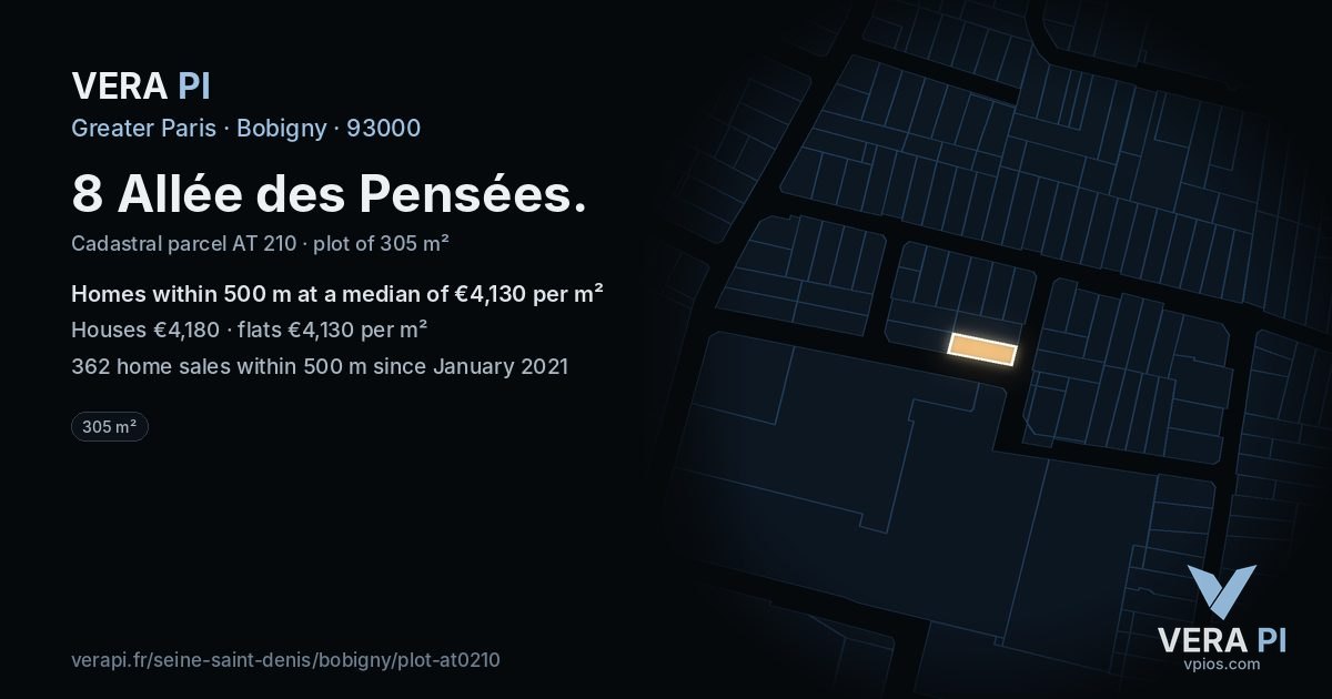8 Allée des Pensées, Bobigny at night – the plot lit, the parcels around coloured by the prices near them