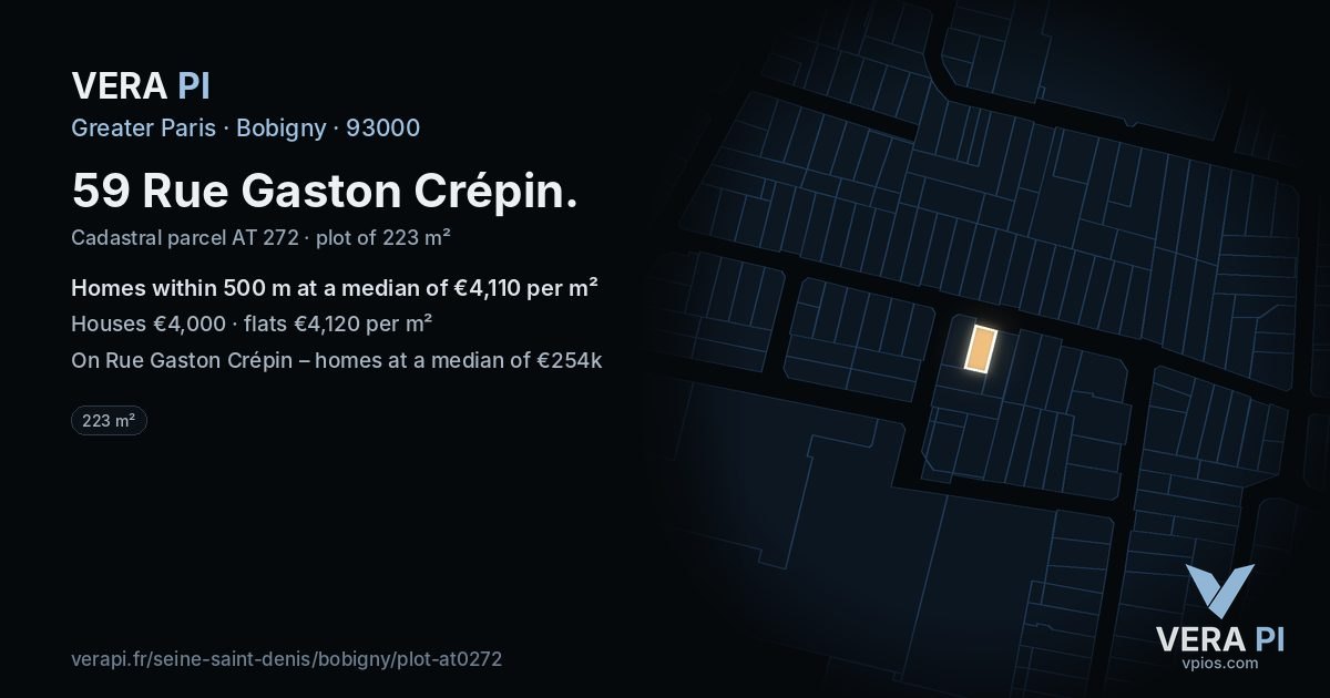 59 Rue Gaston Crépin, Bobigny at night – the plot lit, the parcels around coloured by the prices near them