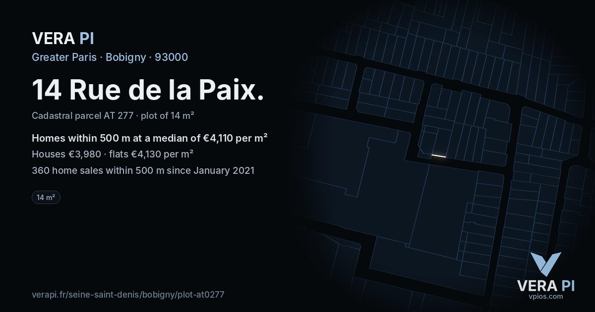 14 Rue de la Paix, Bobigny at night – the plot lit, the parcels around coloured by the prices near them