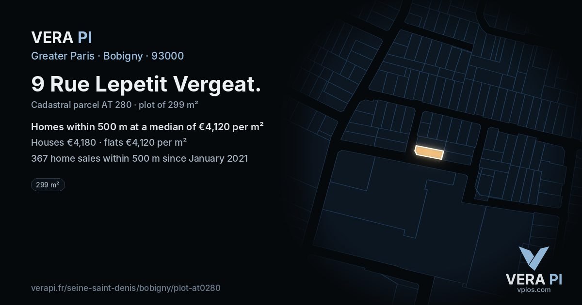 9 Rue Lepetit Vergeat, Bobigny at night – the plot lit, the parcels around coloured by the prices near them