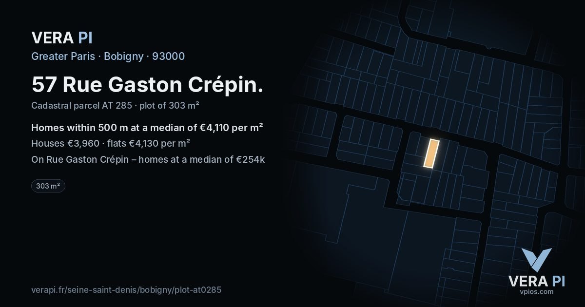 57 Rue Gaston Crépin, Bobigny at night – the plot lit, the parcels around coloured by the prices near them