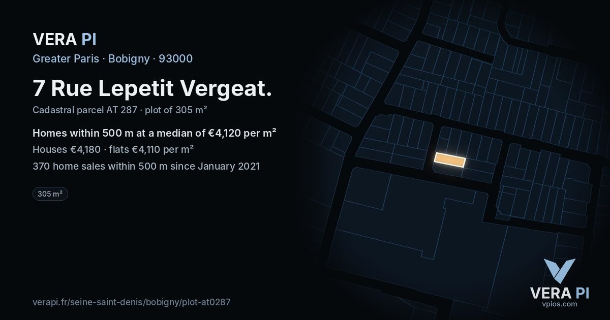7 Rue Lepetit Vergeat, Bobigny at night – the plot lit, the parcels around coloured by the prices near them