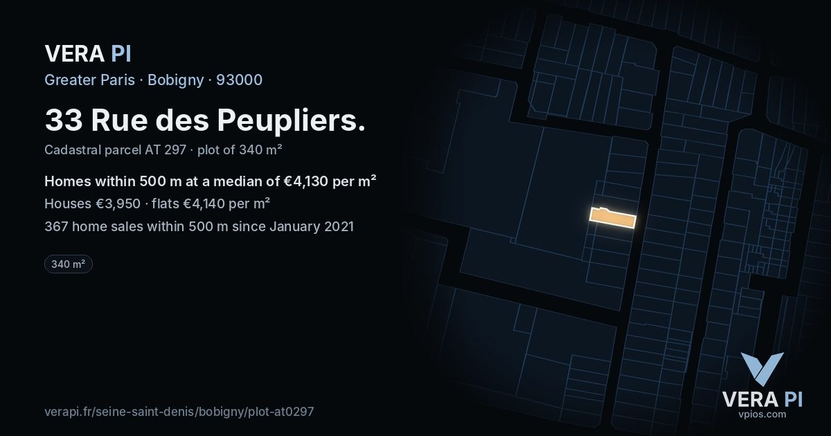 33 Rue des Peupliers, Bobigny at night – the plot lit, the parcels around coloured by the prices near them