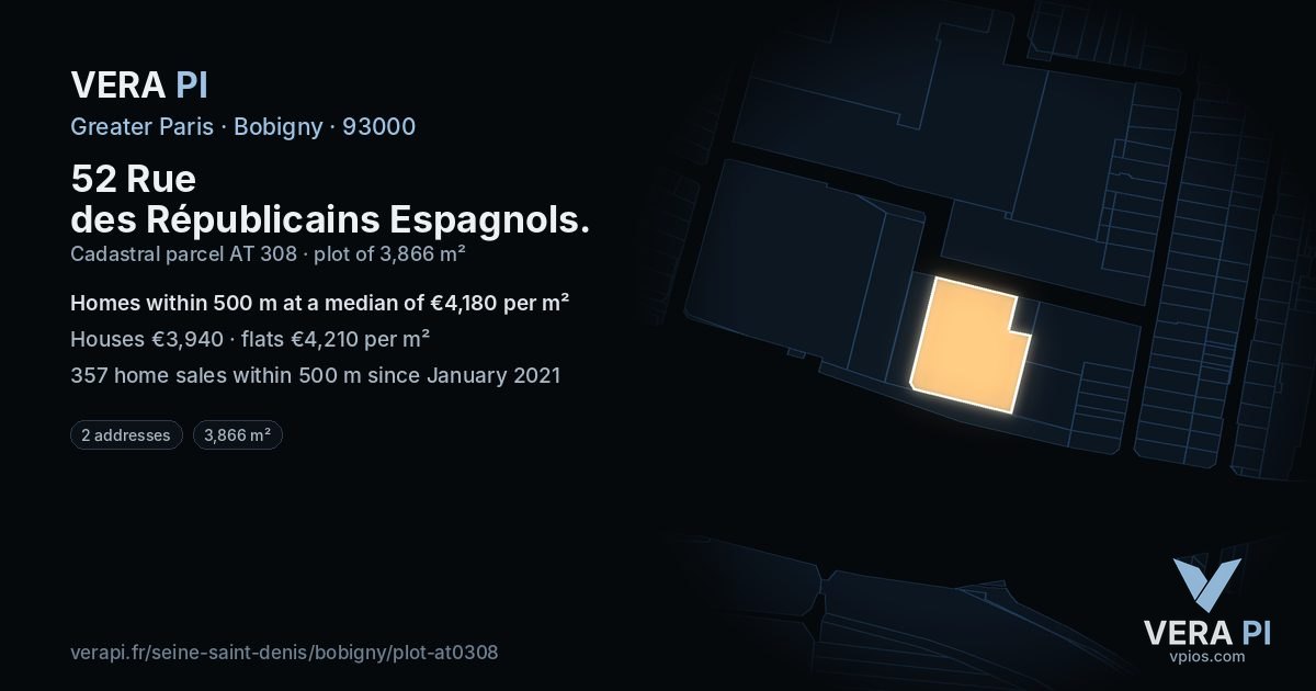 52 Rue des Républicains Espagnols, Bobigny at night – the plot lit, the parcels around coloured by the prices near them