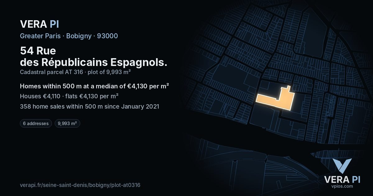 54 Rue des Républicains Espagnols, Bobigny at night – the plot lit, the parcels around coloured by the prices near them