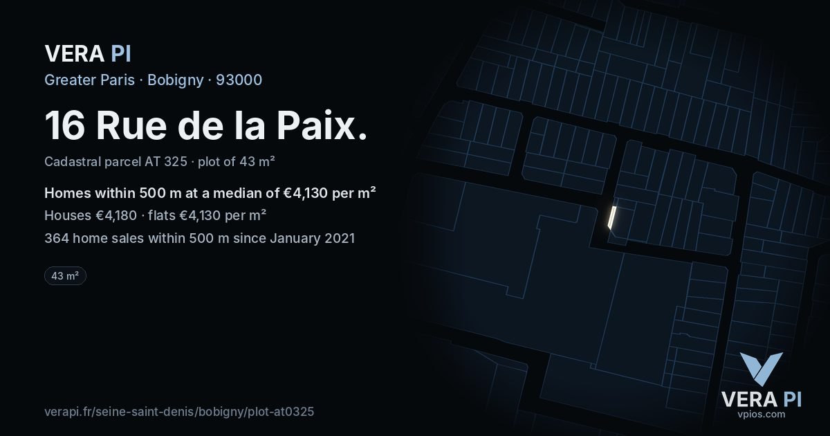 16 Rue de la Paix, Bobigny at night – the plot lit, the parcels around coloured by the prices near them