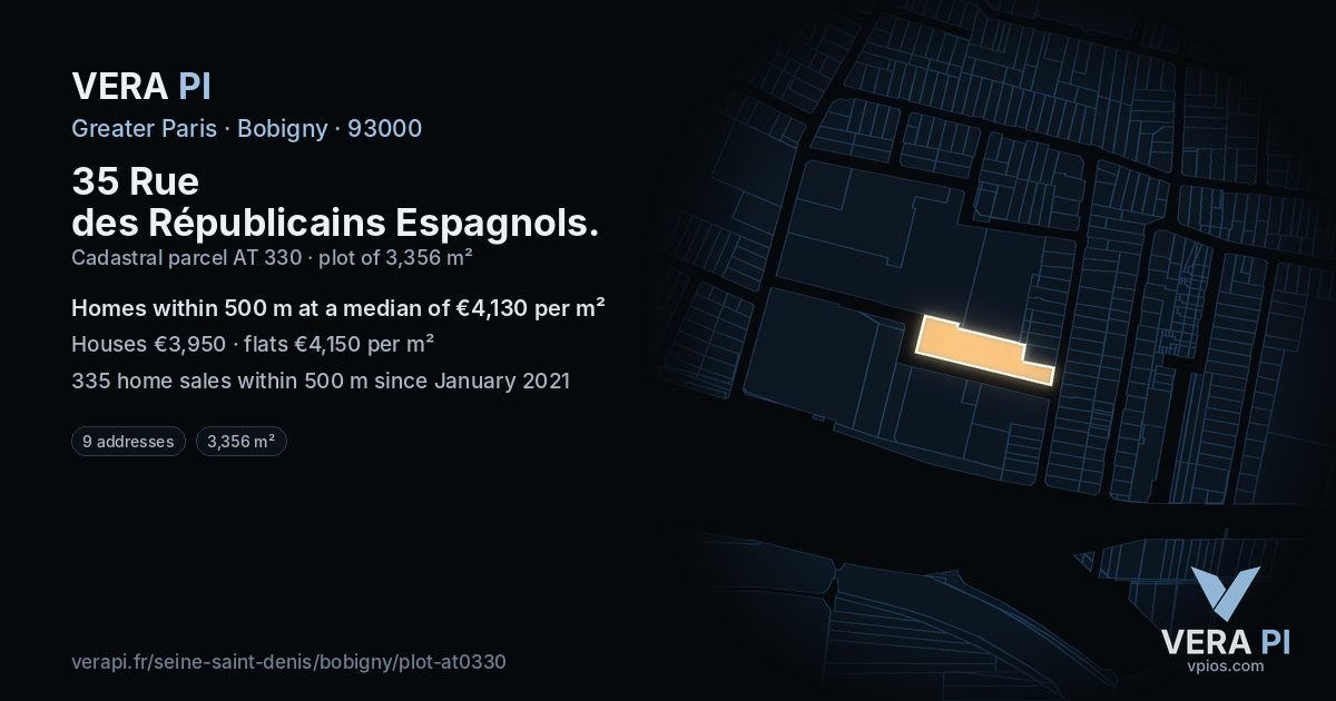 35 Rue des Républicains Espagnols, Bobigny at night – the plot lit, the parcels around coloured by the prices near them