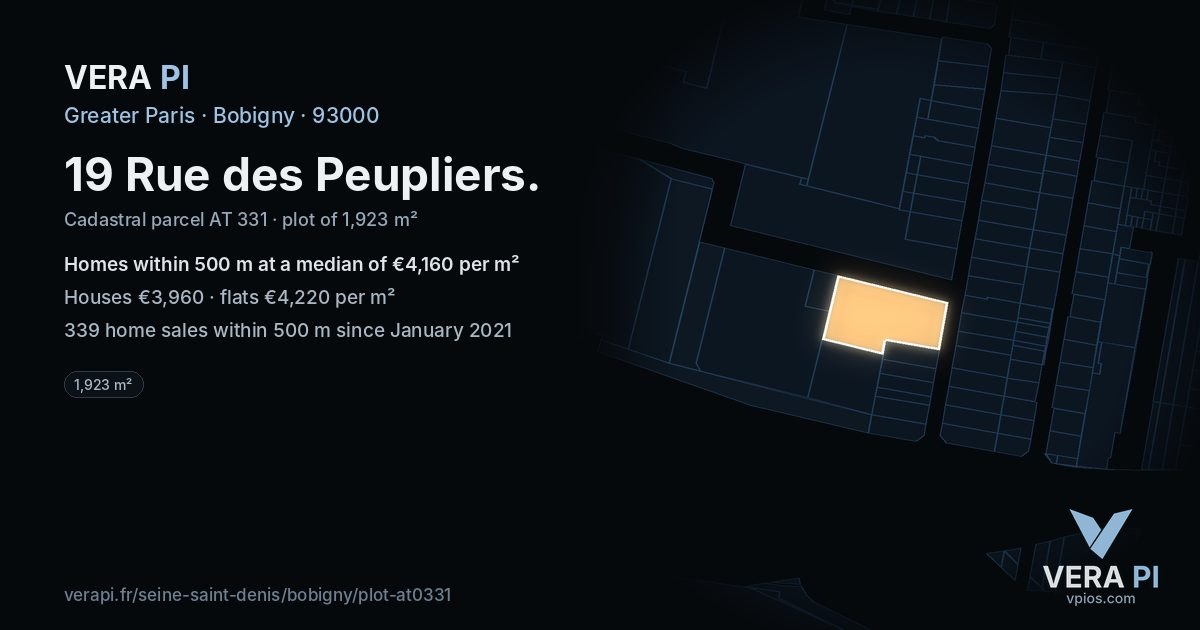19 Rue des Peupliers, Bobigny at night – the plot lit, the parcels around coloured by the prices near them