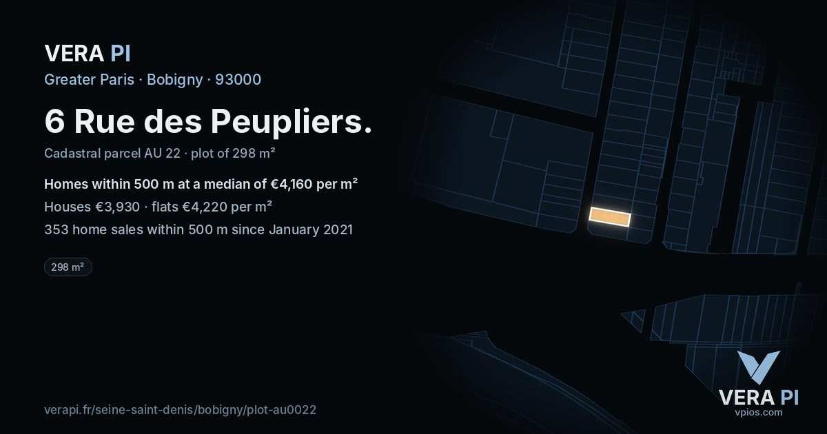 6 Rue des Peupliers, Bobigny at night – the plot lit, the parcels around coloured by the prices near them