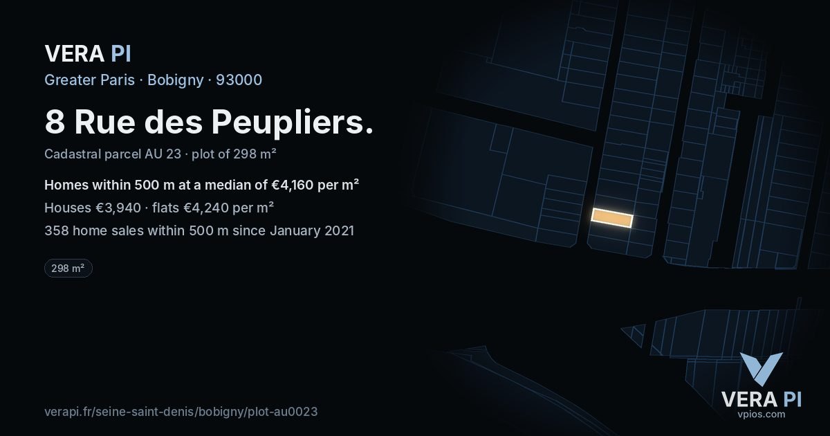 8 Rue des Peupliers, Bobigny at night – the plot lit, the parcels around coloured by the prices near them