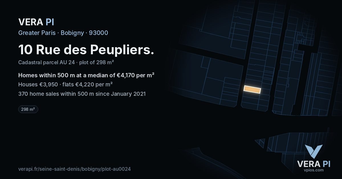 10 Rue des Peupliers, Bobigny at night – the plot lit, the parcels around coloured by the prices near them