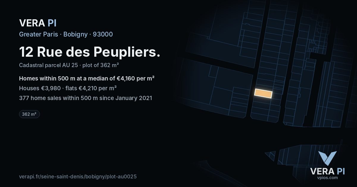 12 Rue des Peupliers, Bobigny at night – the plot lit, the parcels around coloured by the prices near them