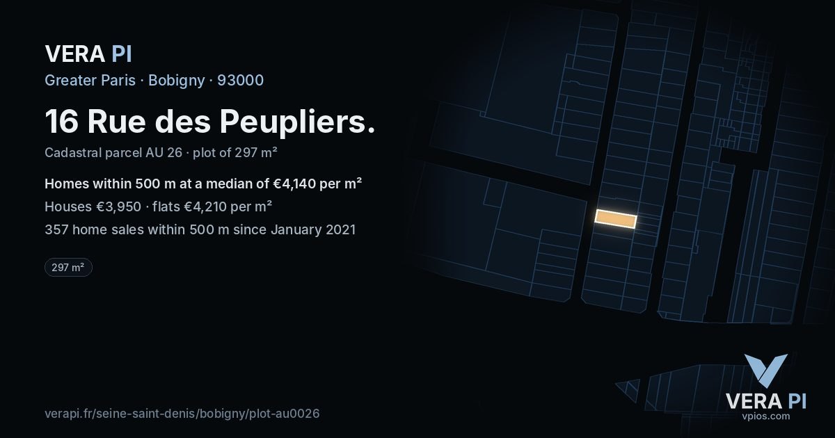 16 Rue des Peupliers, Bobigny at night – the plot lit, the parcels around coloured by the prices near them