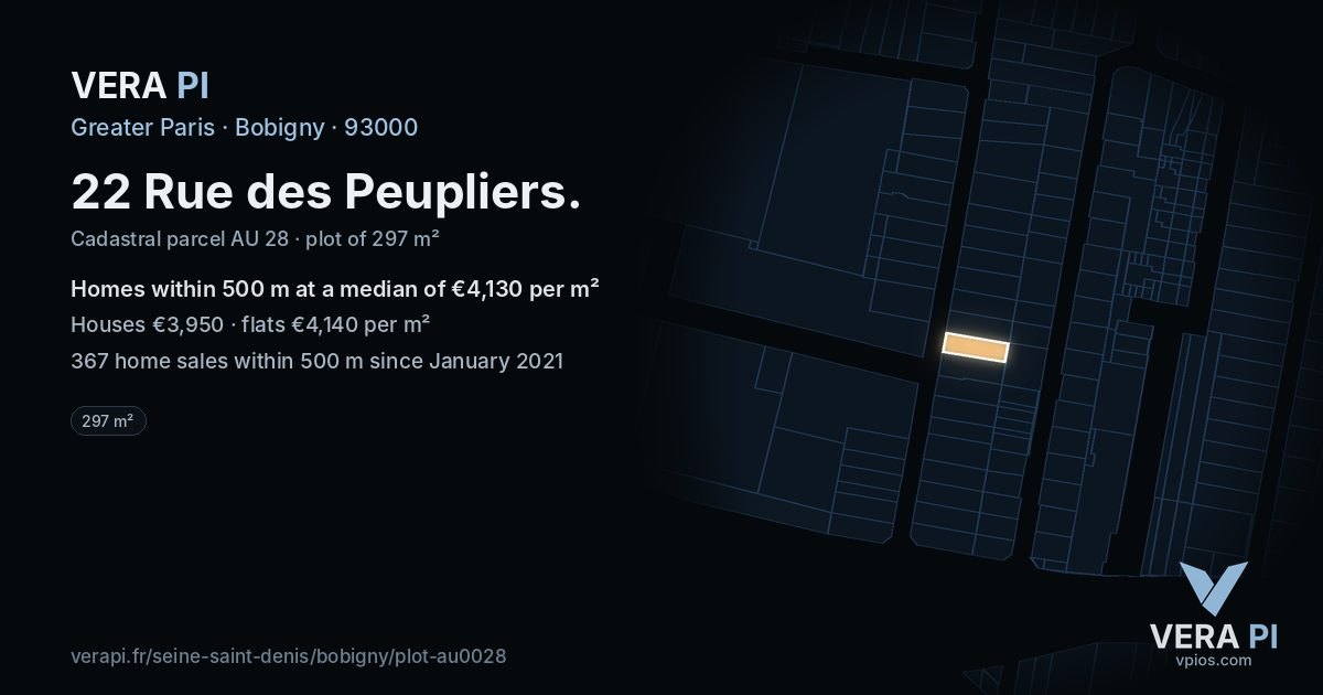 22 Rue des Peupliers, Bobigny at night – the plot lit, the parcels around coloured by the prices near them