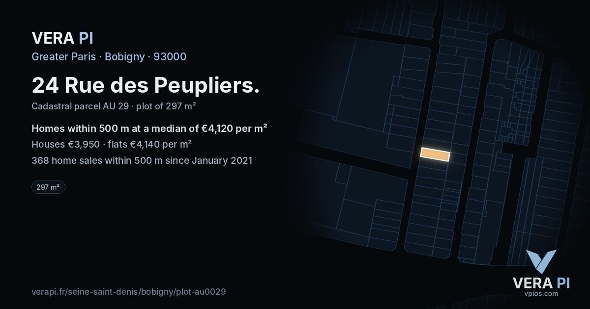 24 Rue des Peupliers, Bobigny at night – the plot lit, the parcels around coloured by the prices near them