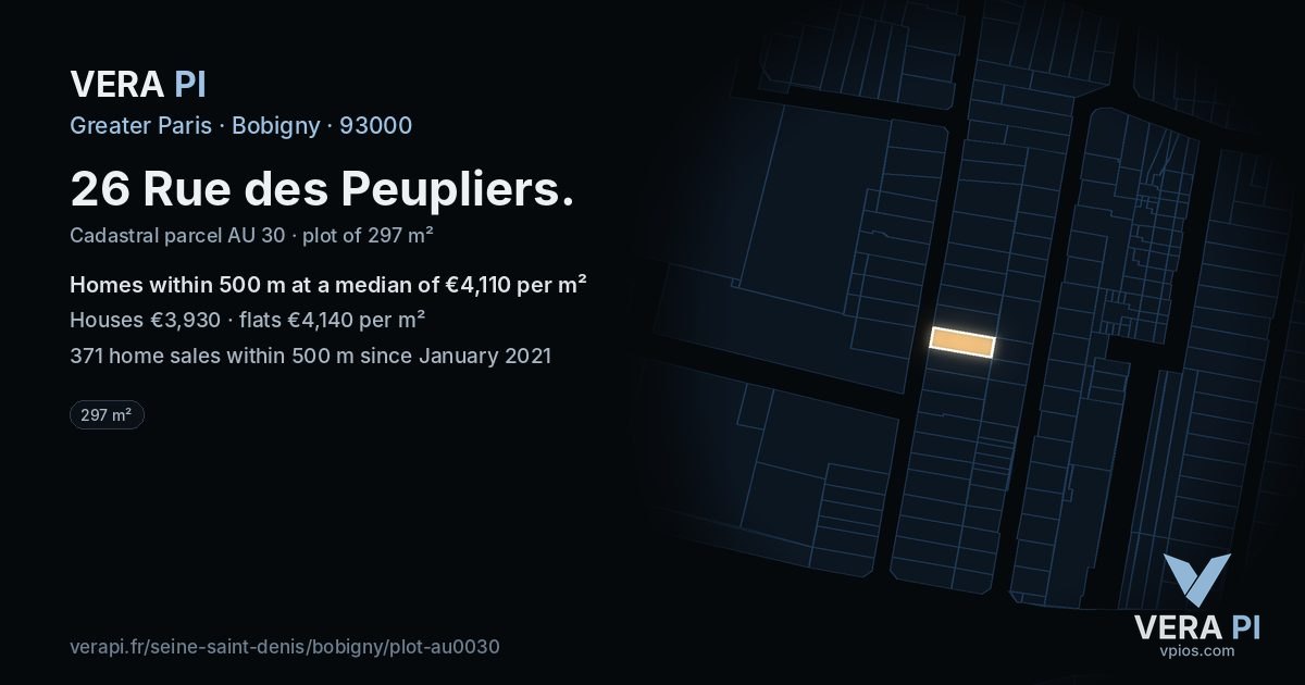 26 Rue des Peupliers, Bobigny at night – the plot lit, the parcels around coloured by the prices near them