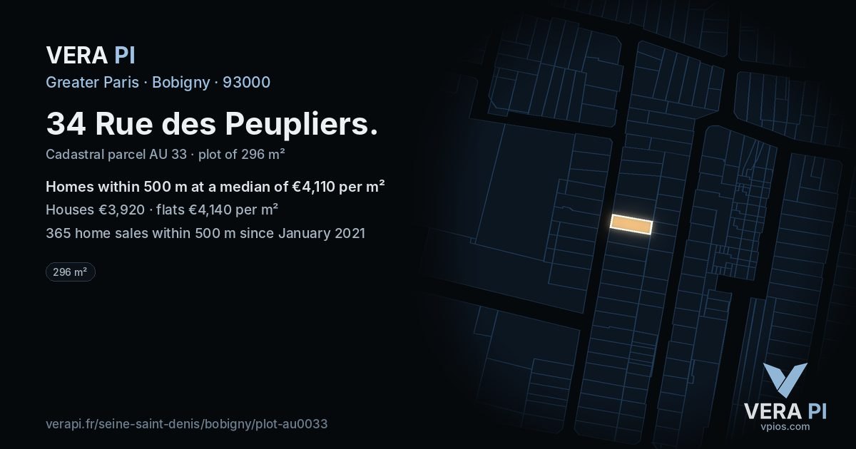 34 Rue des Peupliers, Bobigny at night – the plot lit, the parcels around coloured by the prices near them