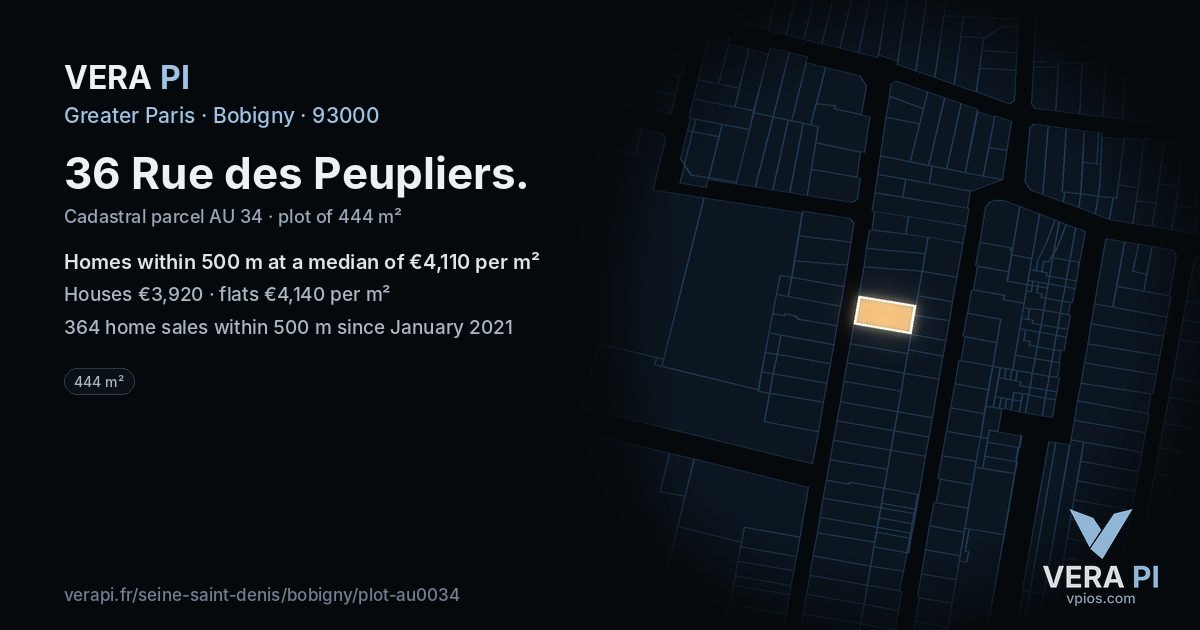 36 Rue des Peupliers, Bobigny at night – the plot lit, the parcels around coloured by the prices near them