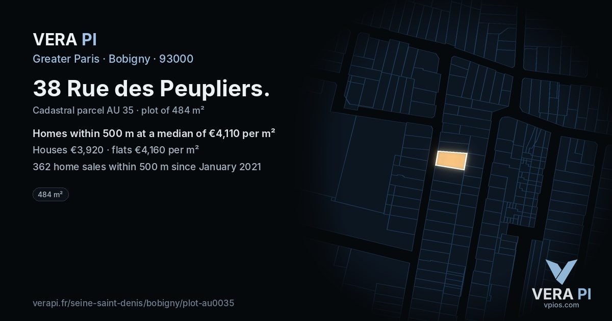 38 Rue des Peupliers, Bobigny at night – the plot lit, the parcels around coloured by the prices near them