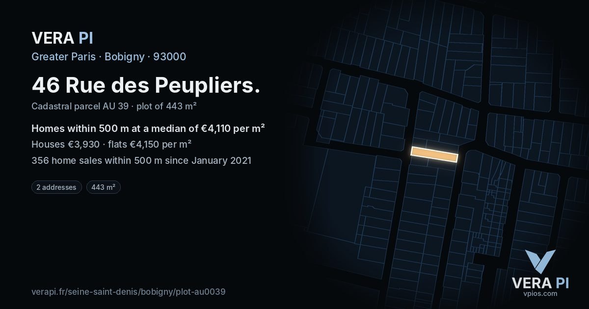 46 Rue des Peupliers, Bobigny at night – the plot lit, the parcels around coloured by the prices near them