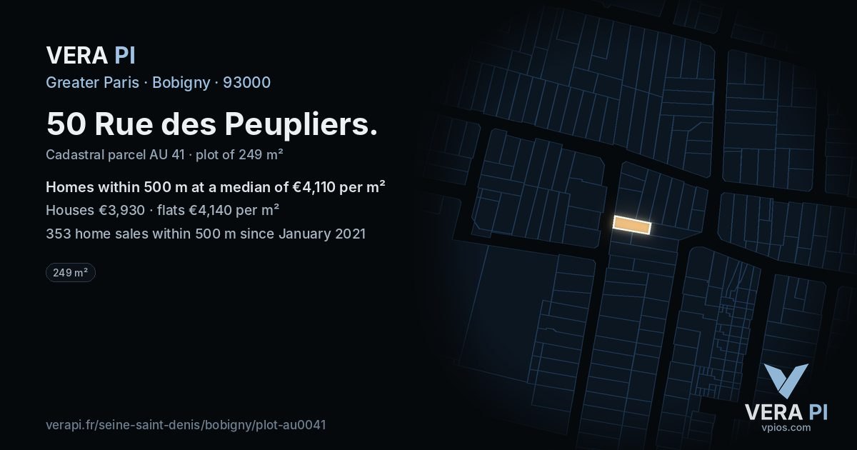 50 Rue des Peupliers, Bobigny at night – the plot lit, the parcels around coloured by the prices near them