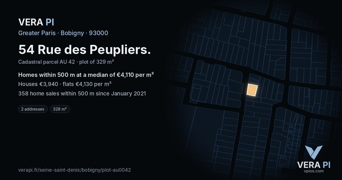 54 Rue des Peupliers, Bobigny at night – the plot lit, the parcels around coloured by the prices near them