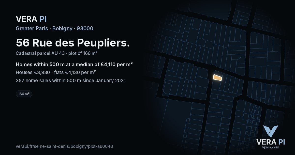 56 Rue des Peupliers, Bobigny at night – the plot lit, the parcels around coloured by the prices near them