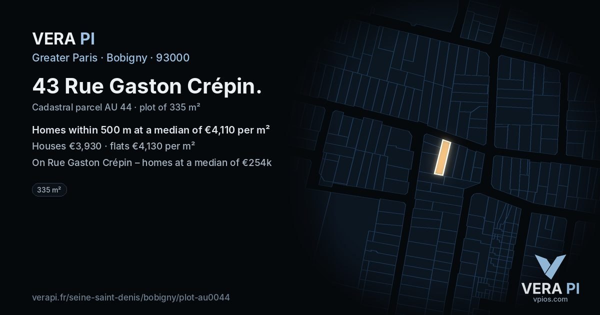 43 Rue Gaston Crépin, Bobigny at night – the plot lit, the parcels around coloured by the prices near them