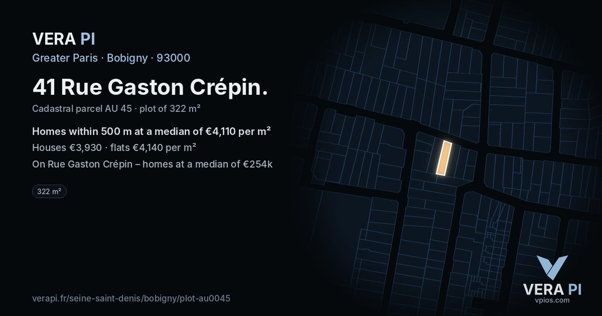 41 Rue Gaston Crépin, Bobigny at night – the plot lit, the parcels around coloured by the prices near them