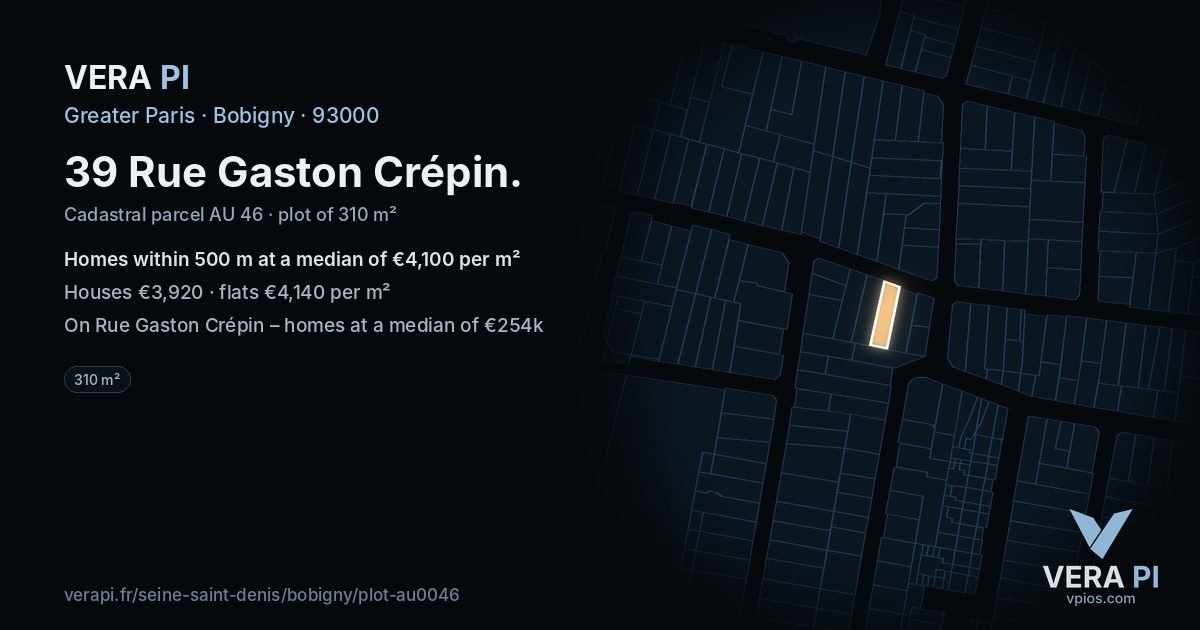 39 Rue Gaston Crépin, Bobigny at night – the plot lit, the parcels around coloured by the prices near them