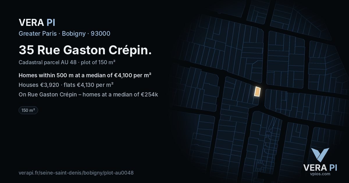 35 Rue Gaston Crépin, Bobigny at night – the plot lit, the parcels around coloured by the prices near them