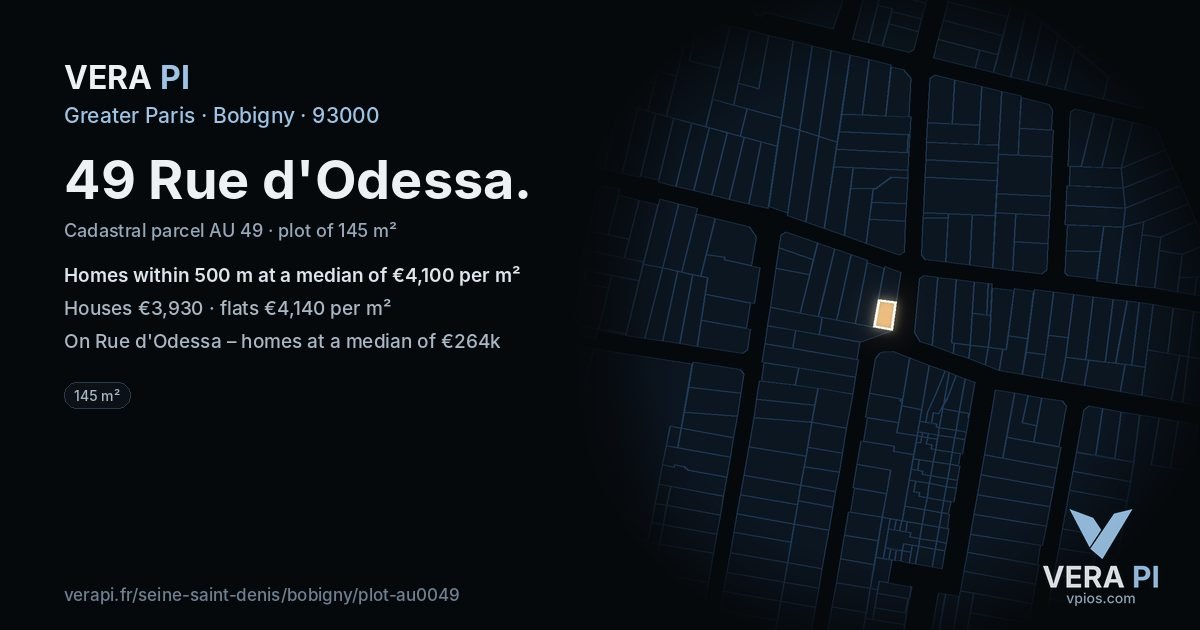 49 Rue d'Odessa, Bobigny at night – the plot lit, the parcels around coloured by the prices near them