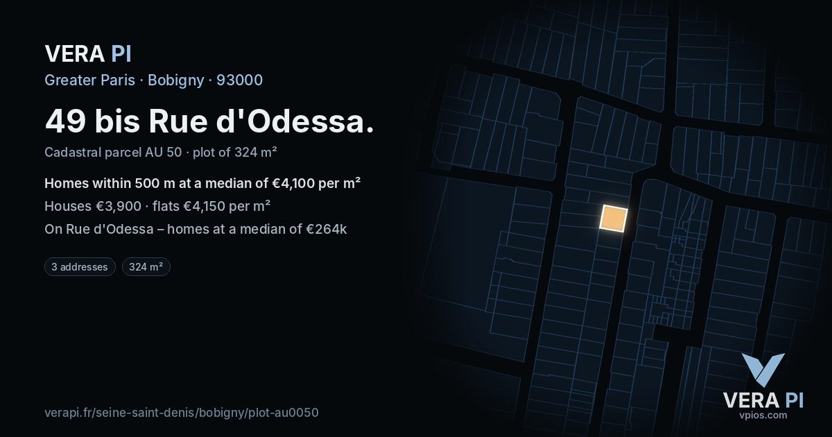49 bis Rue d'Odessa, Bobigny at night – the plot lit, the parcels around coloured by the prices near them
