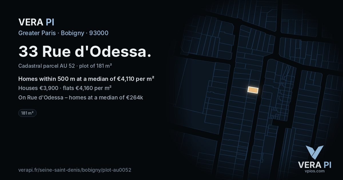 33 Rue d'Odessa, Bobigny at night – the plot lit, the parcels around coloured by the prices near them