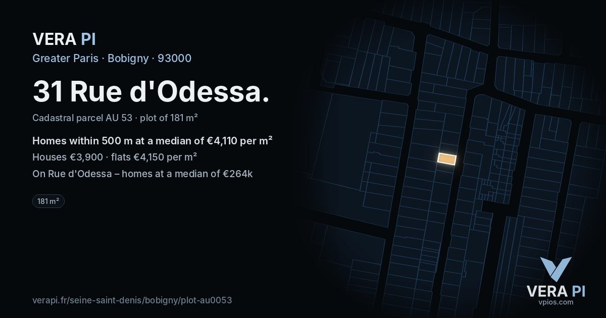 31 Rue d'Odessa, Bobigny at night – the plot lit, the parcels around coloured by the prices near them