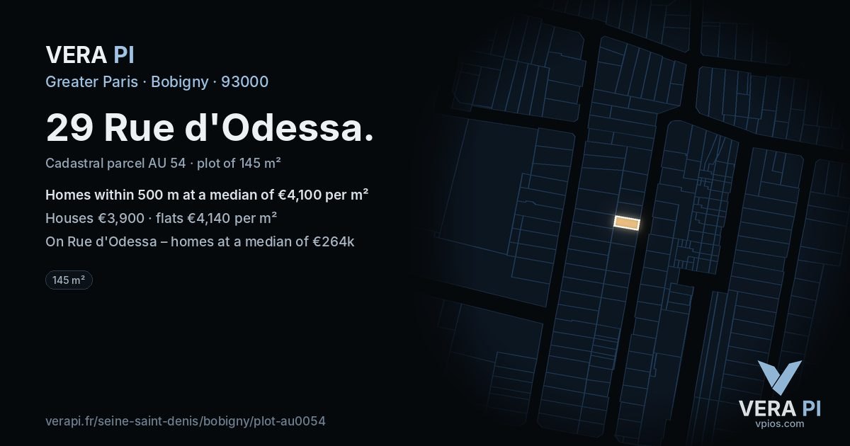 29 Rue d'Odessa, Bobigny at night – the plot lit, the parcels around coloured by the prices near them
