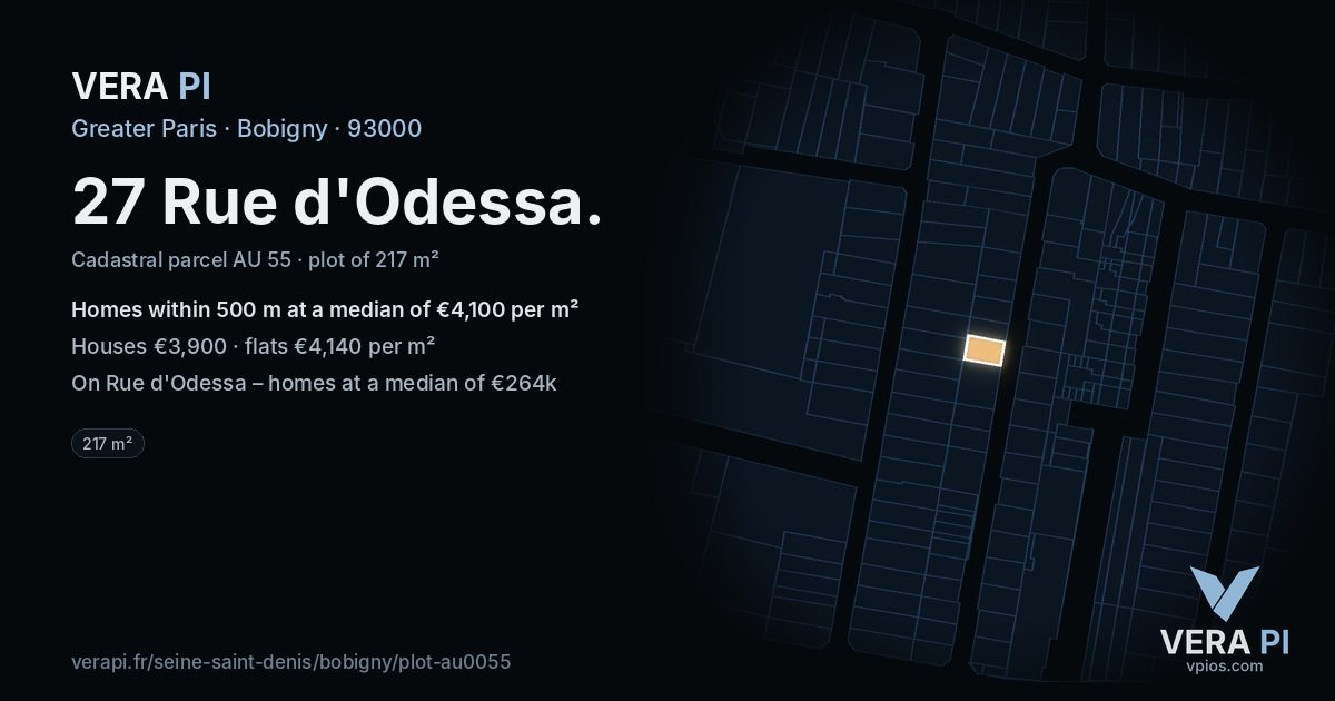 27 Rue d'Odessa, Bobigny at night – the plot lit, the parcels around coloured by the prices near them