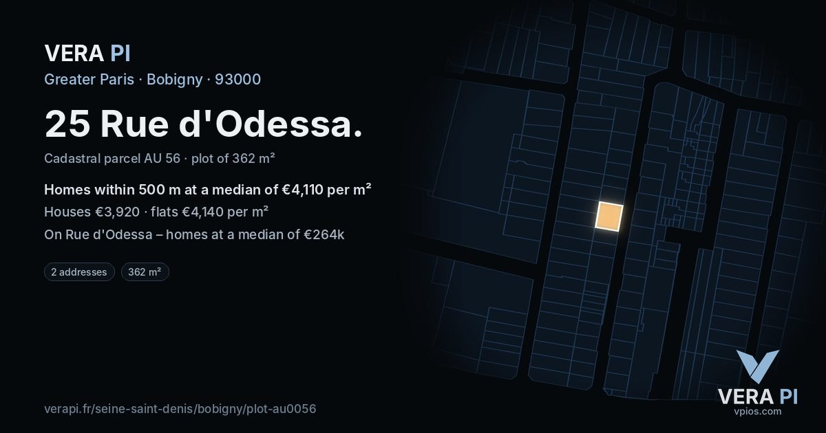 25 Rue d'Odessa, Bobigny at night – the plot lit, the parcels around coloured by the prices near them