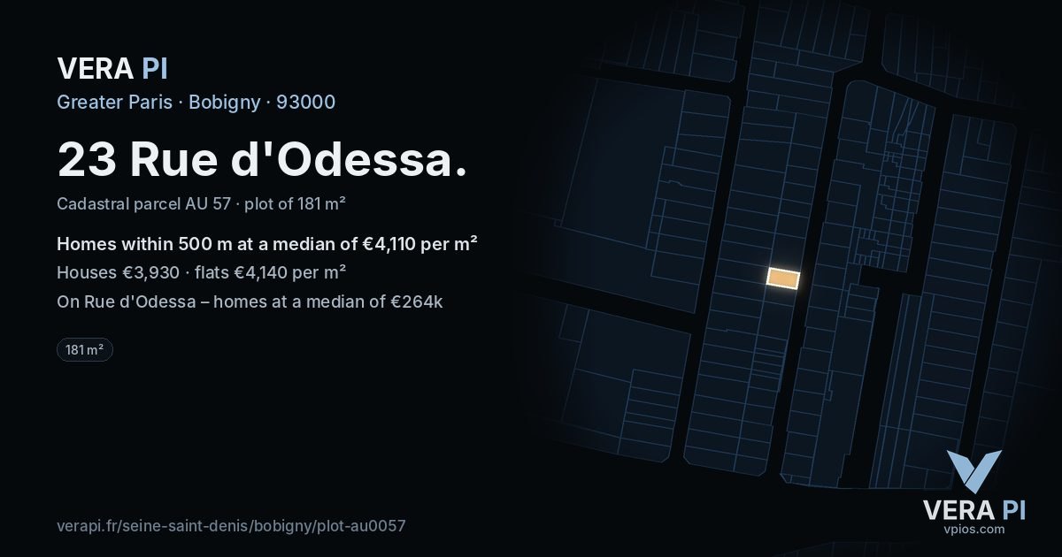 23 Rue d'Odessa, Bobigny at night – the plot lit, the parcels around coloured by the prices near them