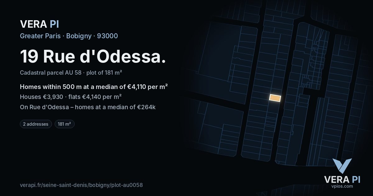 19 Rue d'Odessa, Bobigny at night – the plot lit, the parcels around coloured by the prices near them