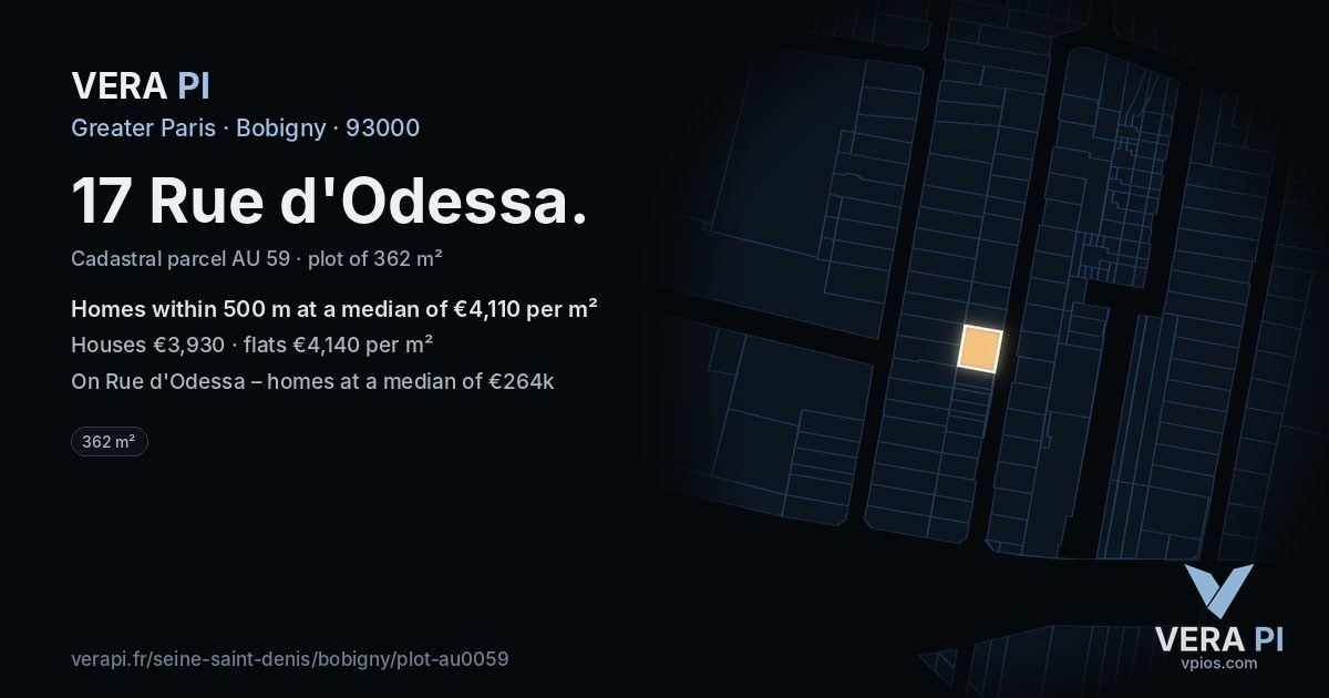 17 Rue d'Odessa, Bobigny at night – the plot lit, the parcels around coloured by the prices near them