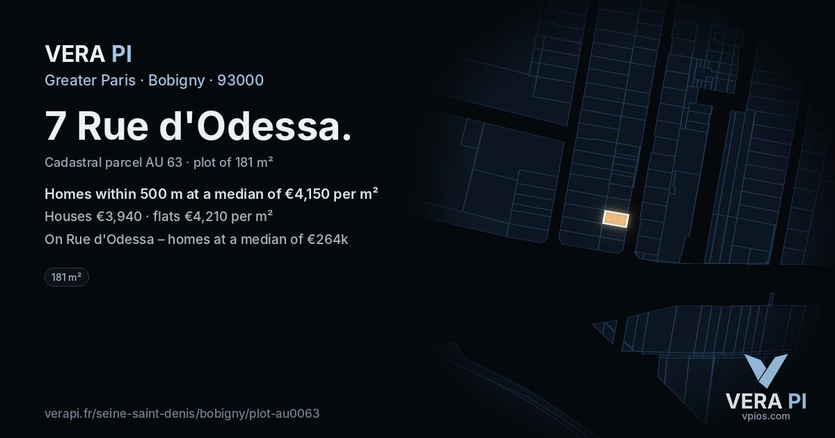 7 Rue d'Odessa, Bobigny at night – the plot lit, the parcels around coloured by the prices near them