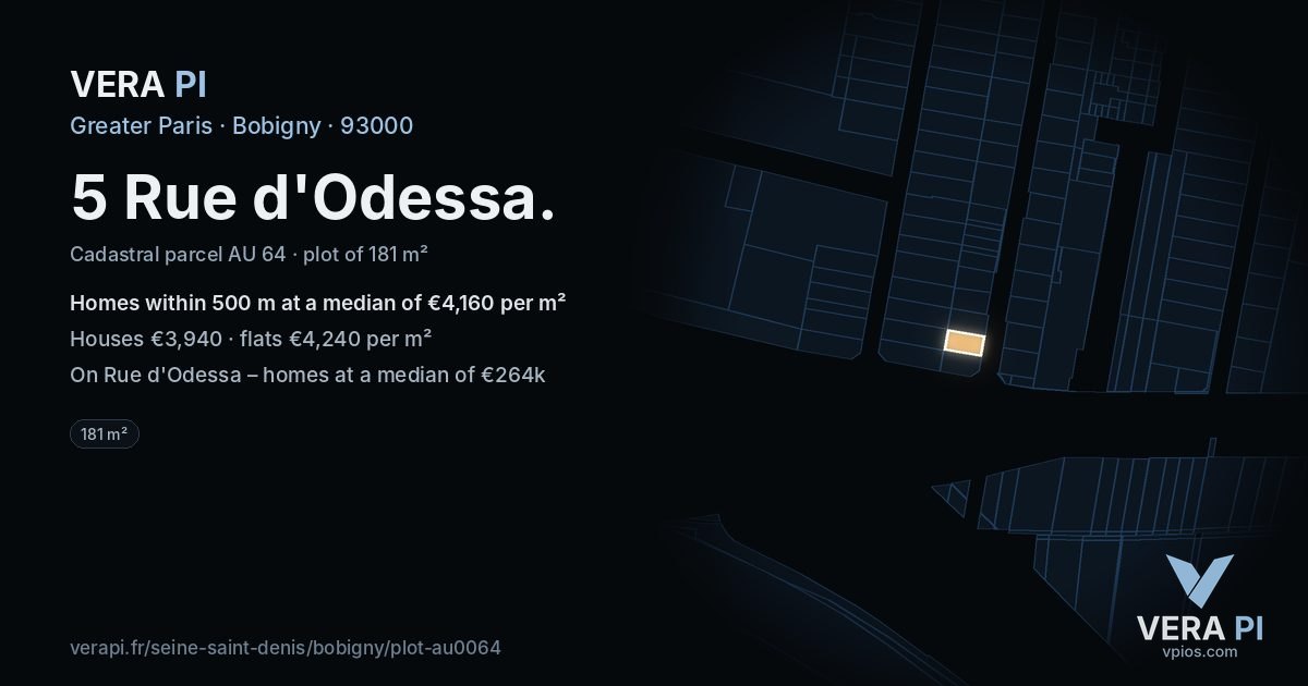 5 Rue d'Odessa, Bobigny at night – the plot lit, the parcels around coloured by the prices near them