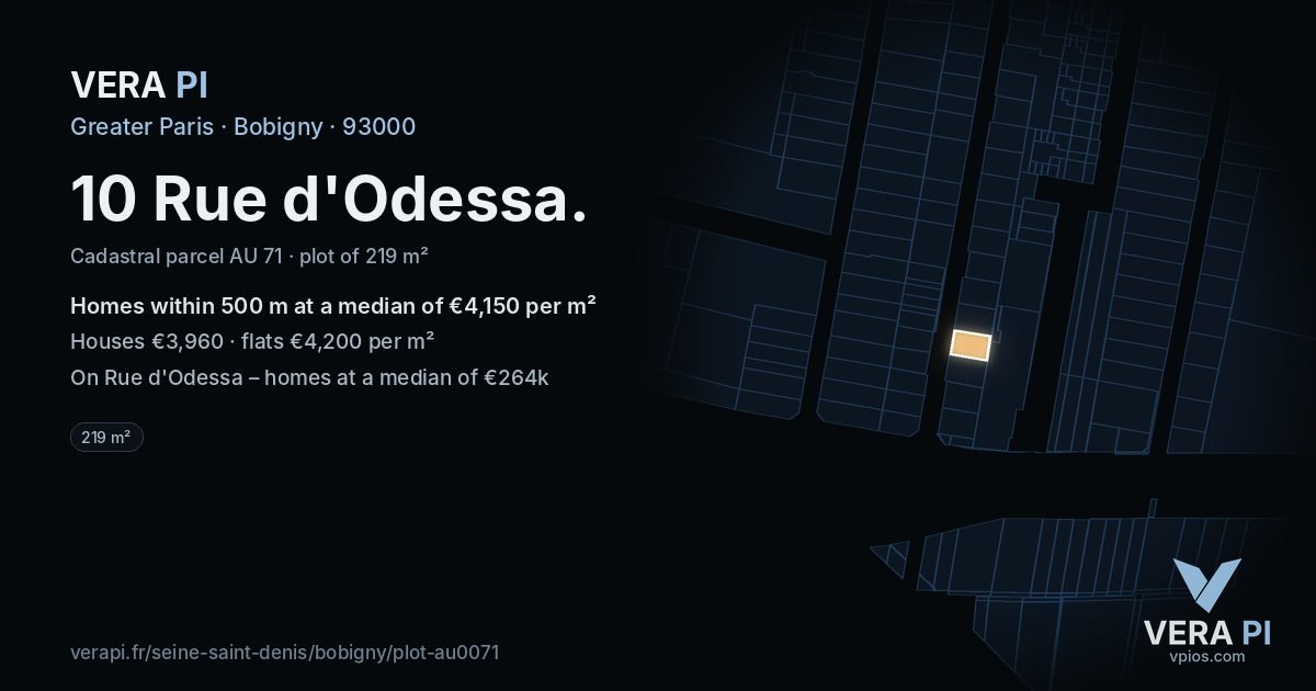 10 Rue d'Odessa, Bobigny at night – the plot lit, the parcels around coloured by the prices near them