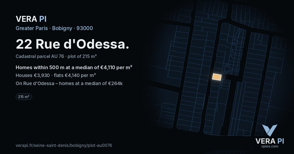 22 Rue d'Odessa, Bobigny at night – the plot lit, the parcels around coloured by the prices near them