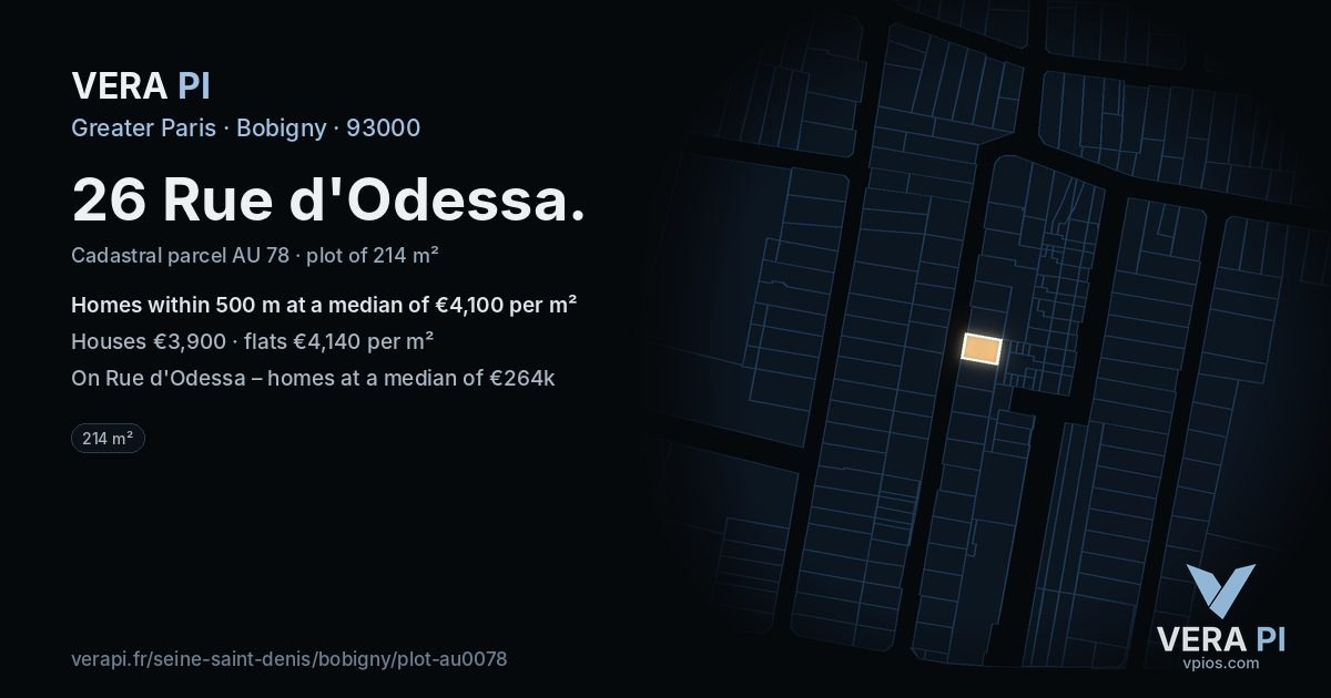 26 Rue d'Odessa, Bobigny at night – the plot lit, the parcels around coloured by the prices near them